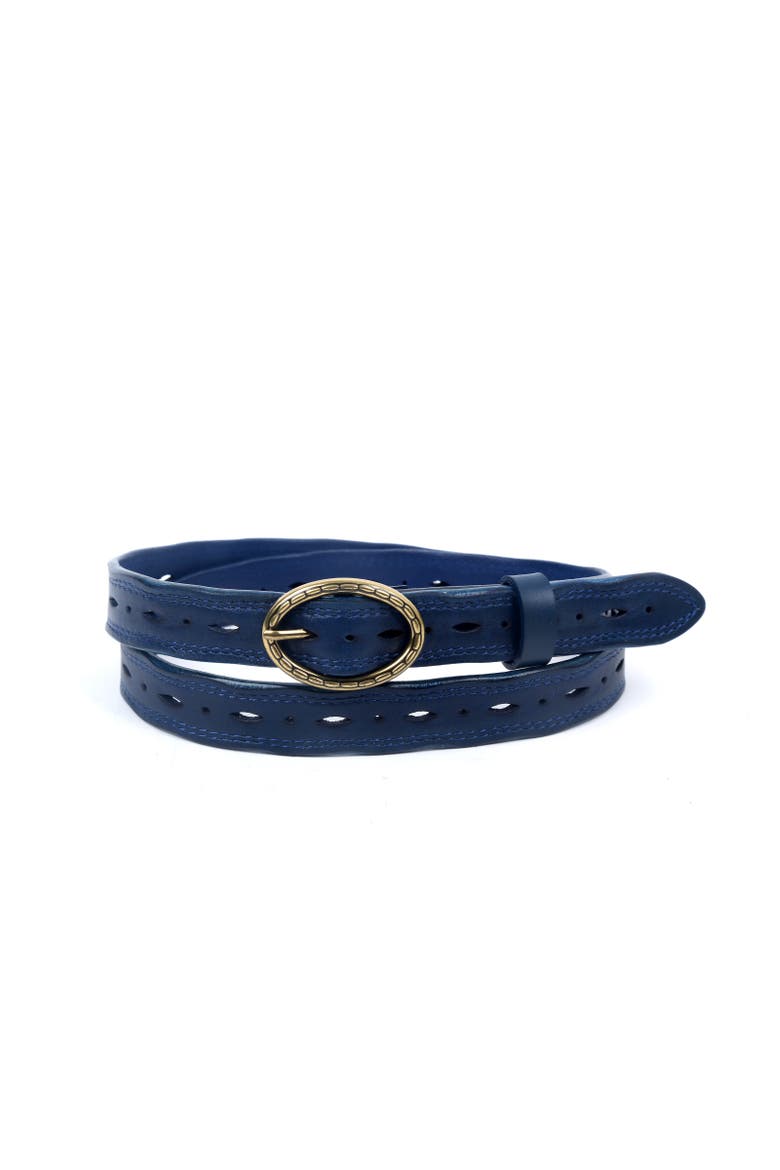 Vintage Genuine Leather Perforated Classic Detail Belt, Main, color, Navy