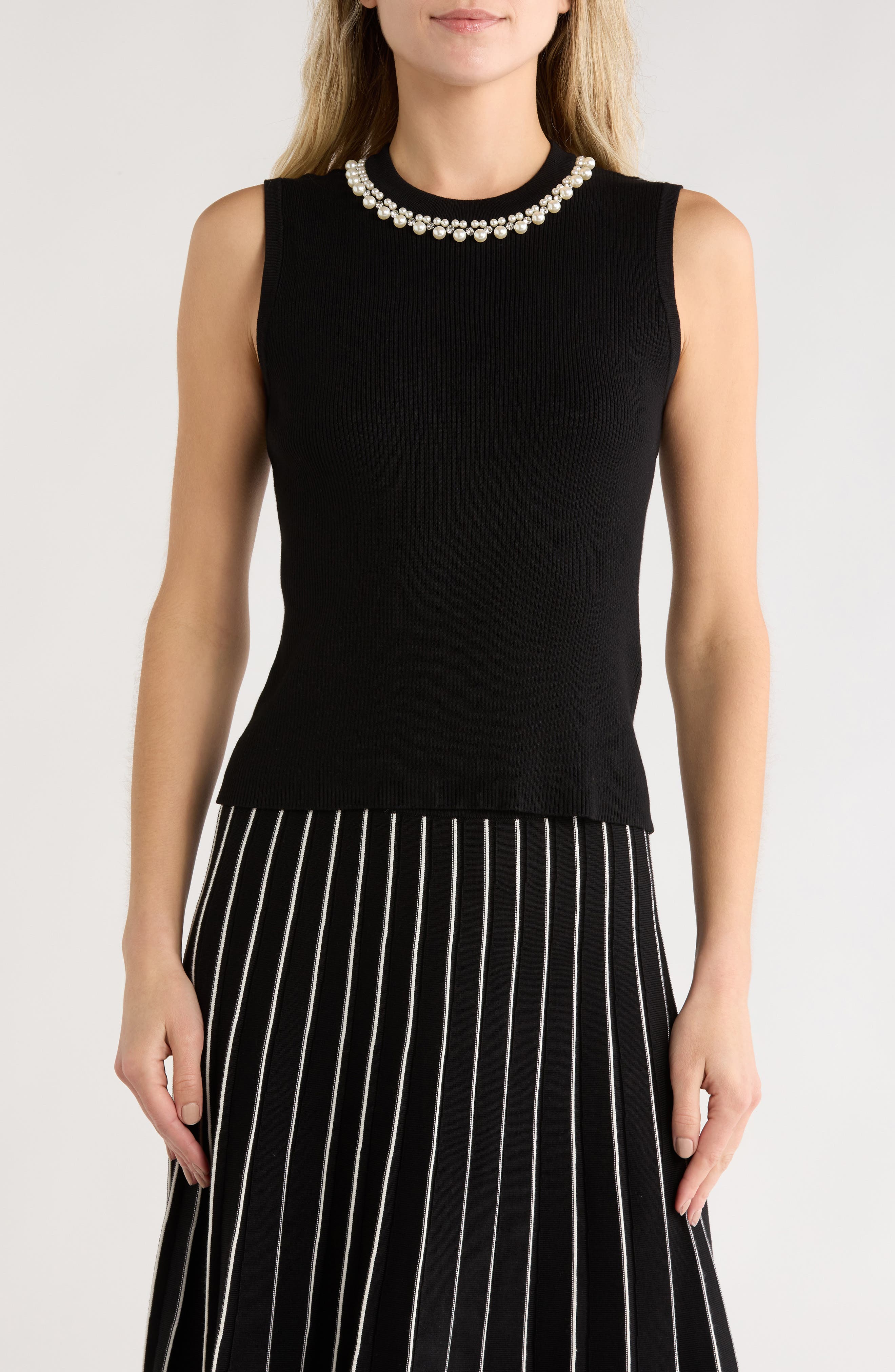 Adrianna Papell Faux Pearl & Rhinestone Collar Sleeveless Sweater