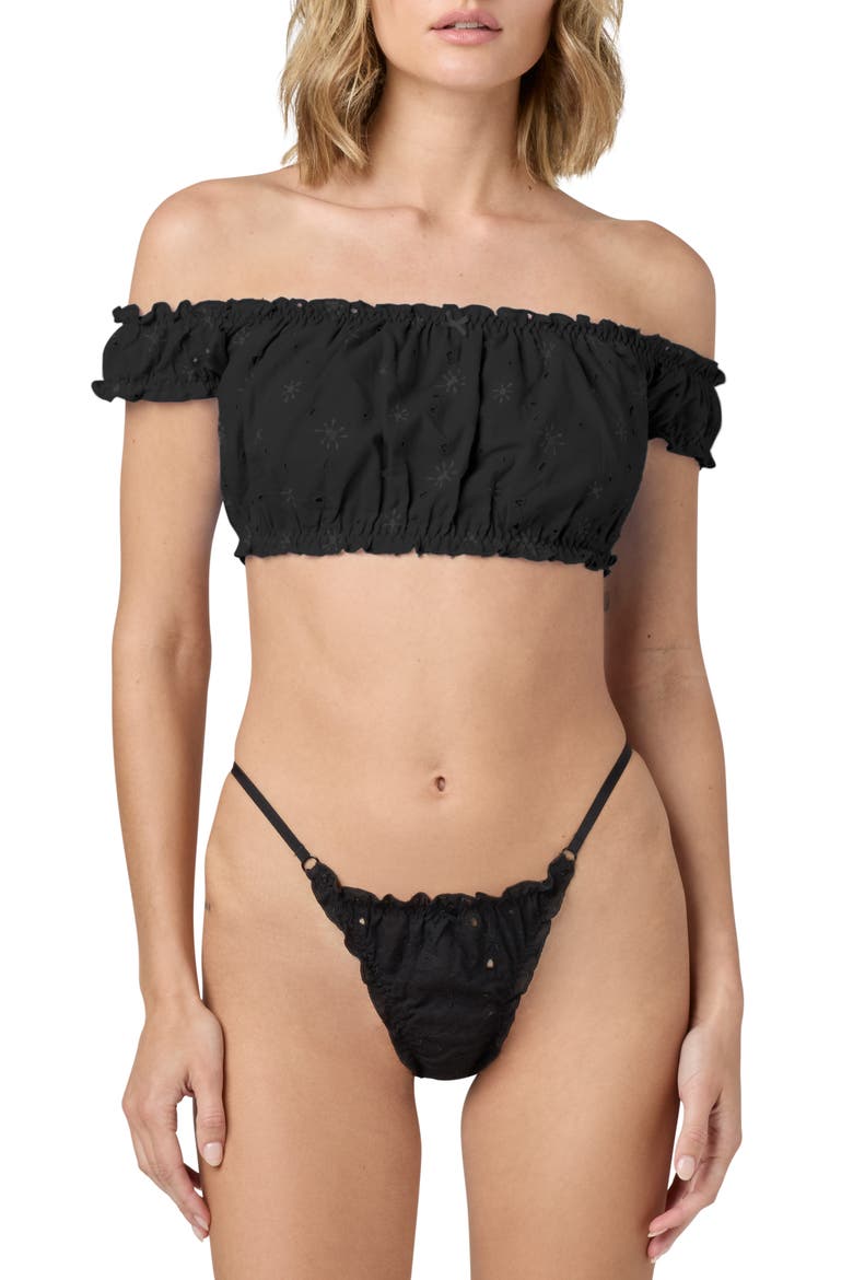 Embroidered Eyelet Off the Shoulder Crop Top, Main, color, BLACK