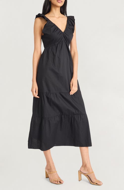 The Good Journey Ruffle Strap Empire Waist Tiered Cotton Midi Dress In Black