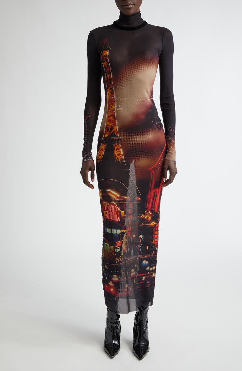 Jean Paul Gaultier City Print Long Sleeve Sheer Mesh Turtleneck Dress, Main, color, 