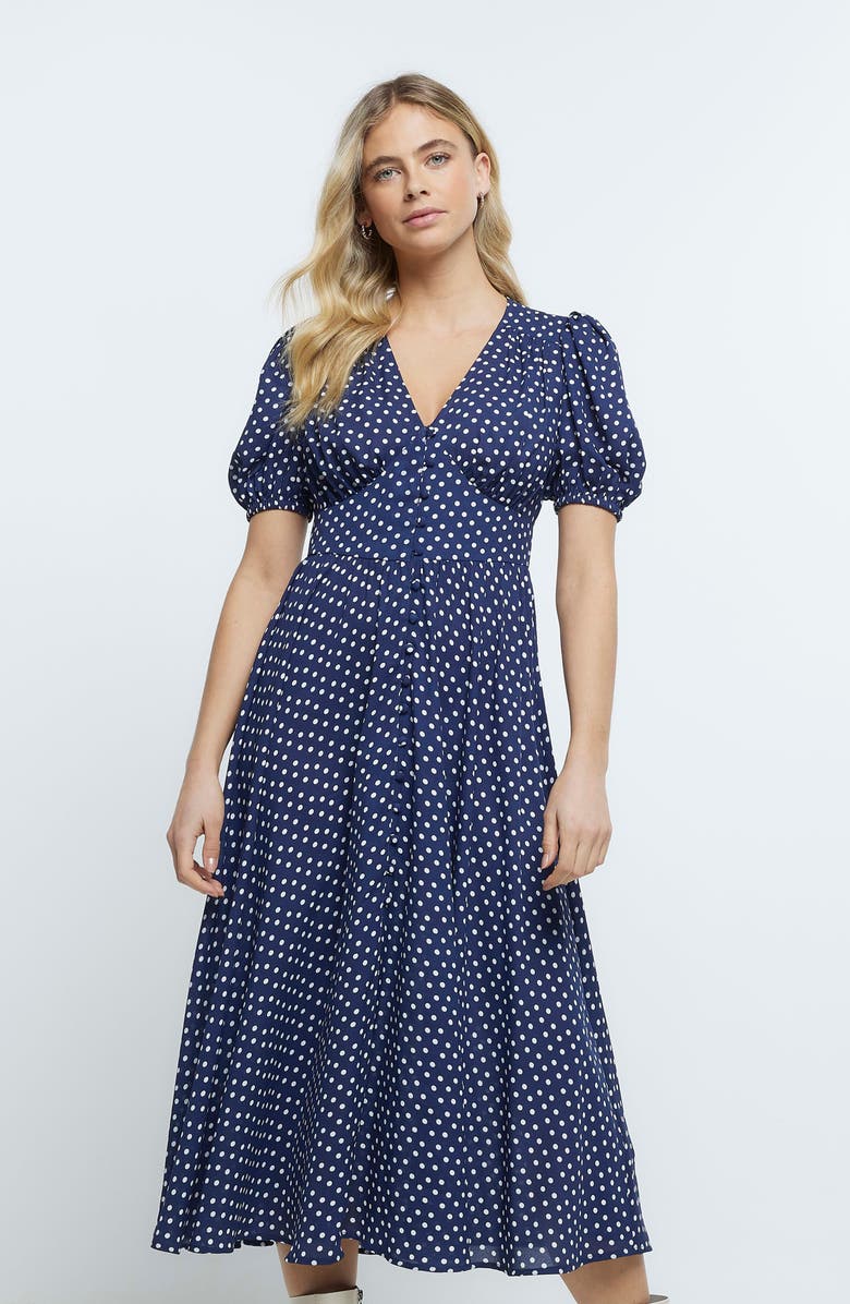 River Island Polka Dot Button Front Midi Dress, Alternate, color,