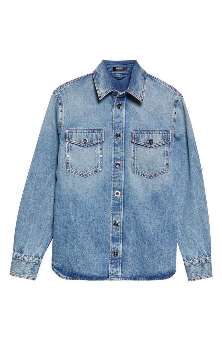 Versace Medusa Studded Denim Button-Up Shirts, Main, color, Light Blue