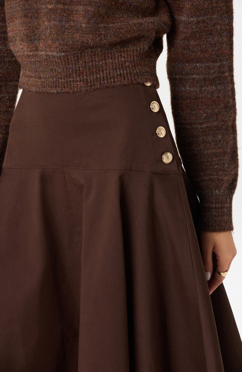 ASTR the Label Drop Waist Stretch Cotton Midi Skirt, Alternate, color, Brown