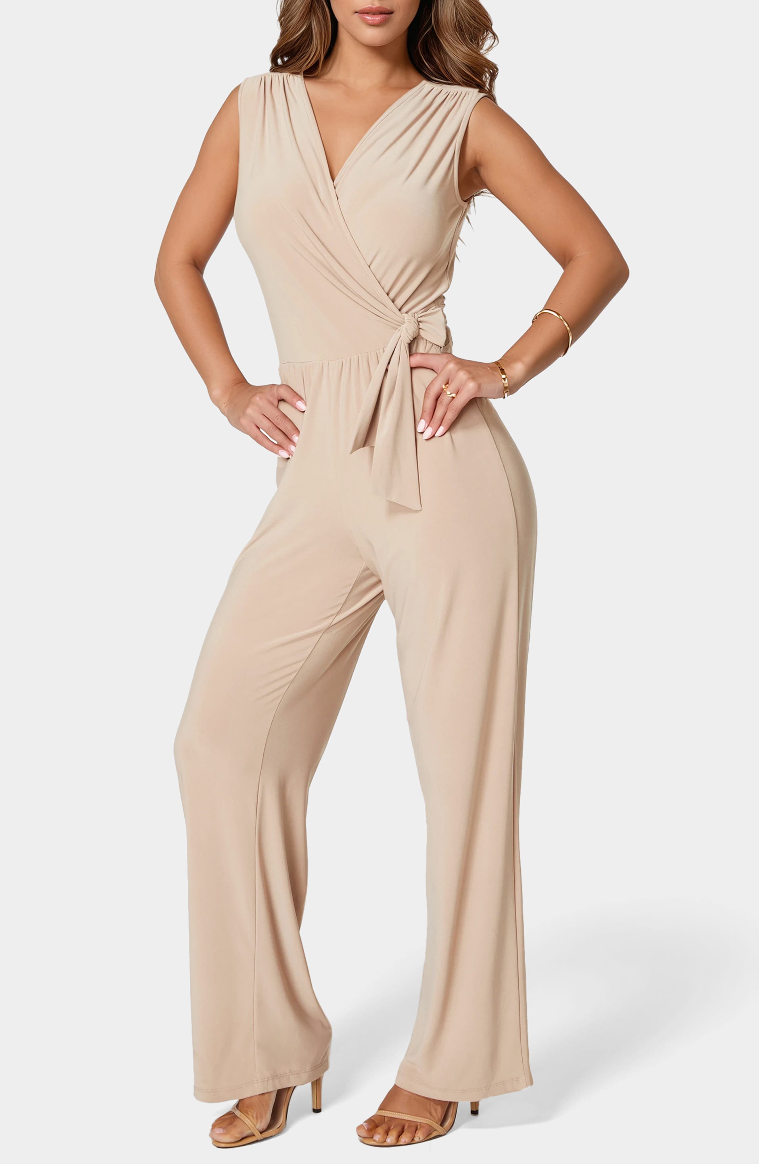 Bebe Sleeveless Faux Wrap Jumpsuit In Brown