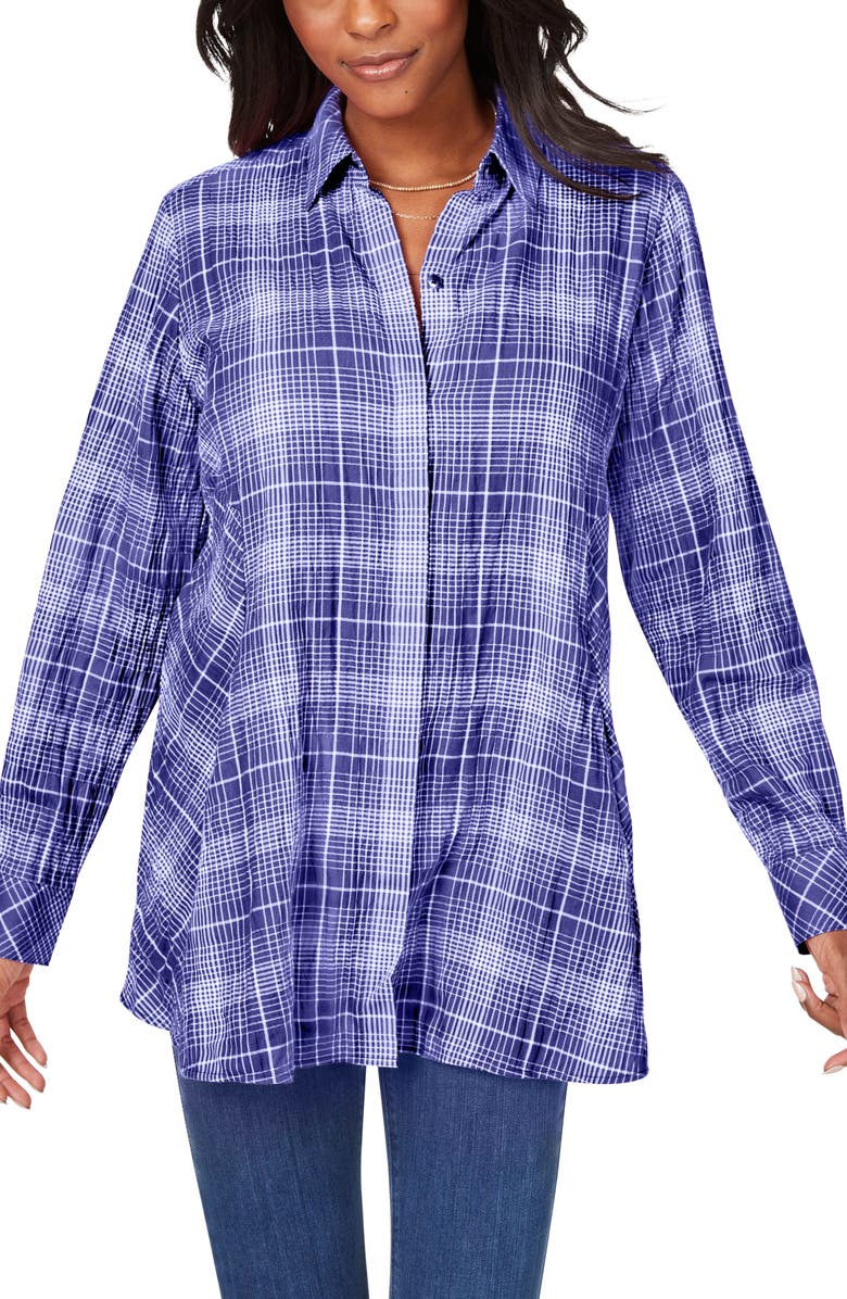 Foxcroft Cici Plaid Non-Iron Cotton Blend Tunic, Main, color, Indigo