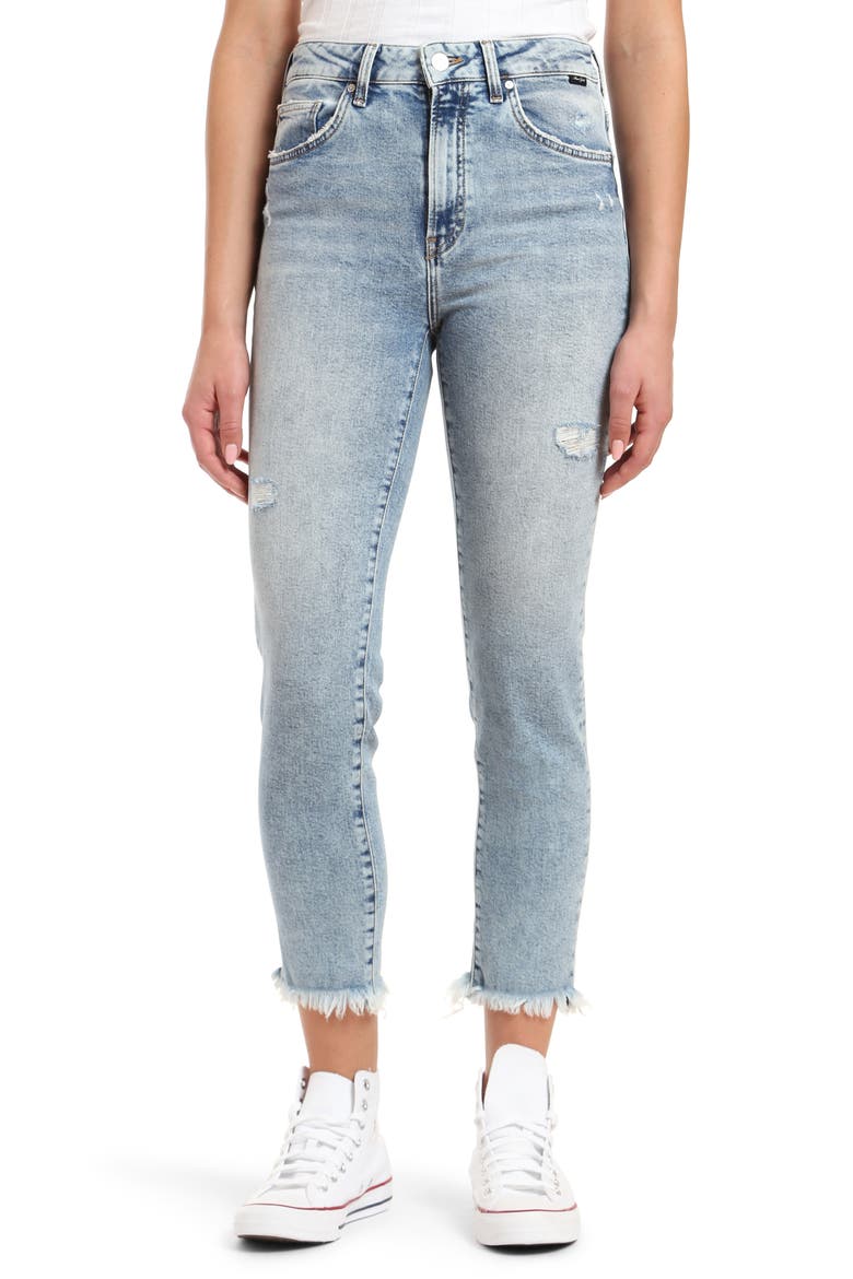 Star High Waist Distressed Fray Hem Straight Leg Jeans, Main, color, RIPPED BLUE RECYCLED DENIM