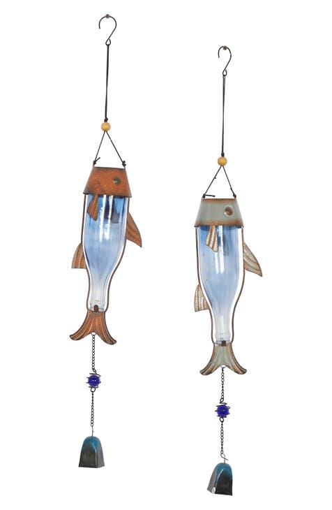 Blue Metal Fish Windchime with Glass Bottle Body and Beads - Set of 2