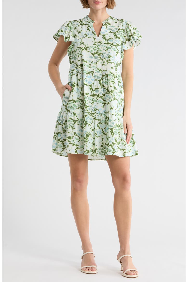 Flutter Sleeve Tiered Minidress, Main, color, BLUE- GREEN FLASHBACK FLORAL