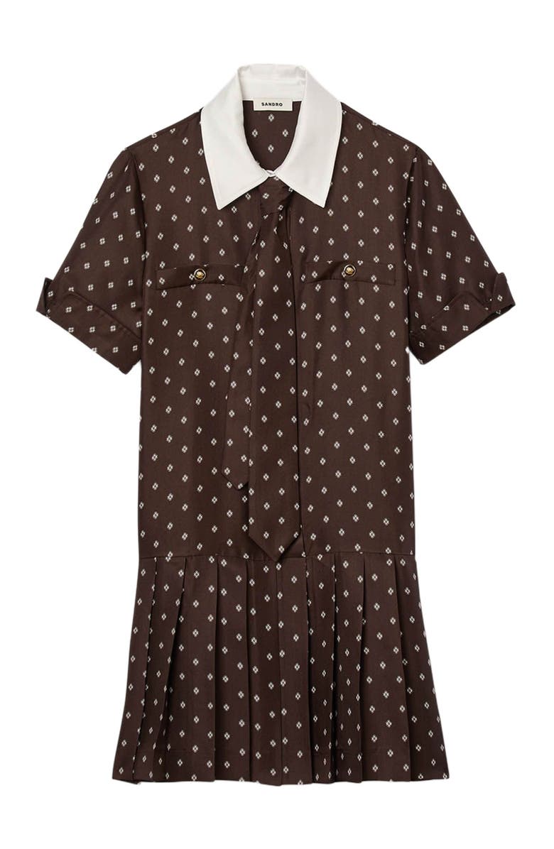 SANDRO Printed satin-effect short dress, Alternate, color, Brown / White