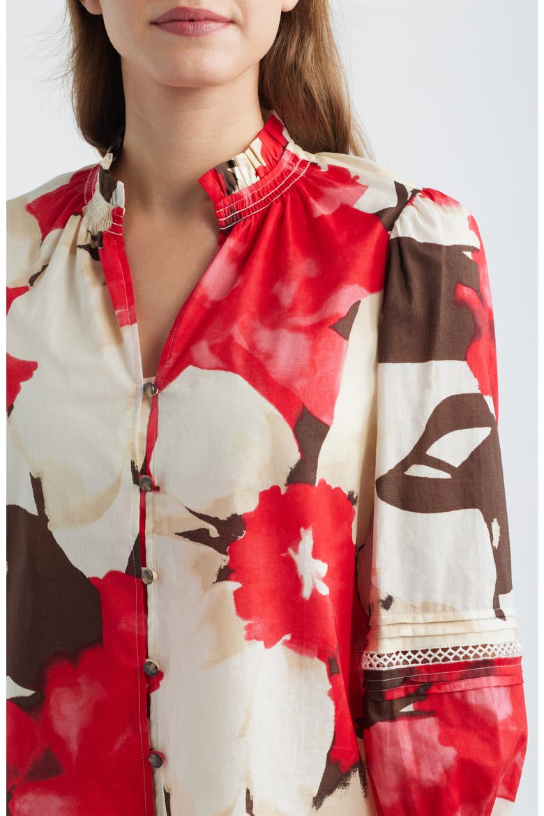 Ruffle Neck Cotton Button-Up Shirt, Alternate, color, WHITE DOVE MULTI