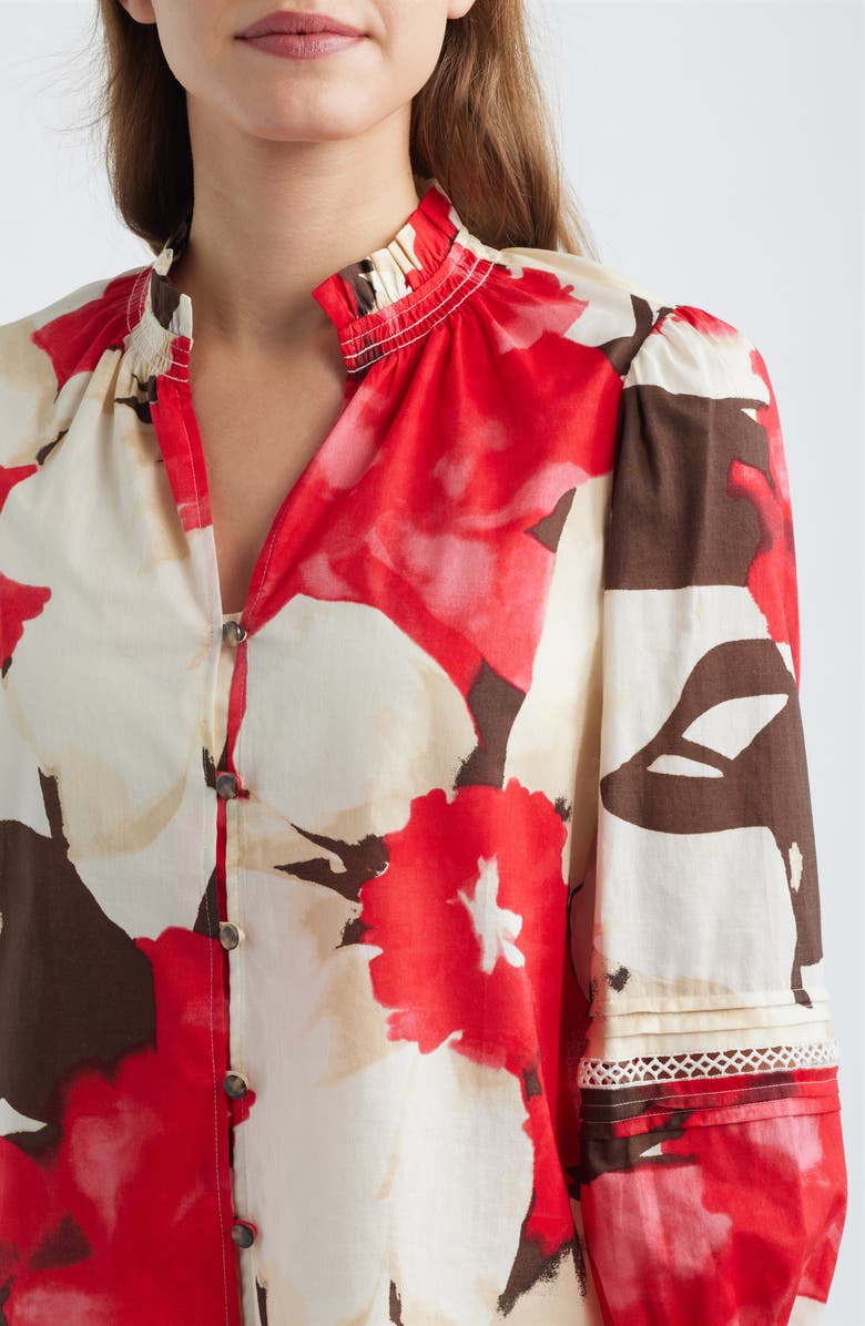 Anne Klein Ruffle Neck Cotton Button-Up Shirt, Alternate, color, White Dove Multi