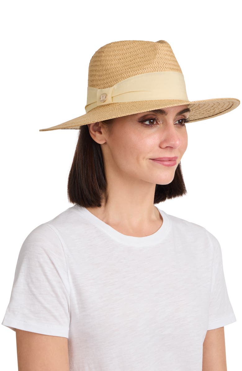 Bruno Magli Ribbon Trim Straw Fedora, Alternate, color, Beige