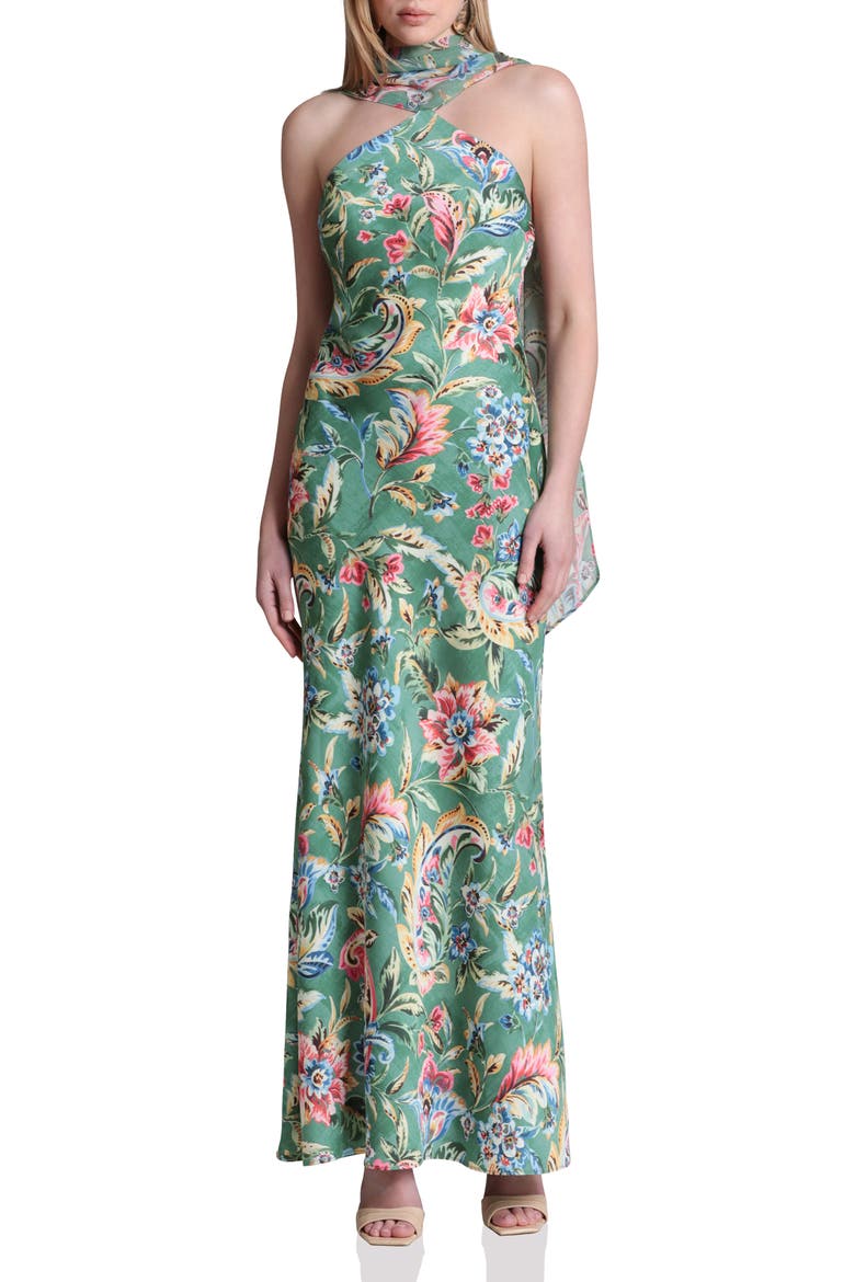 Print Scarf Sleeveless Maxi Dress, Main, color, OLIVE DAMASK