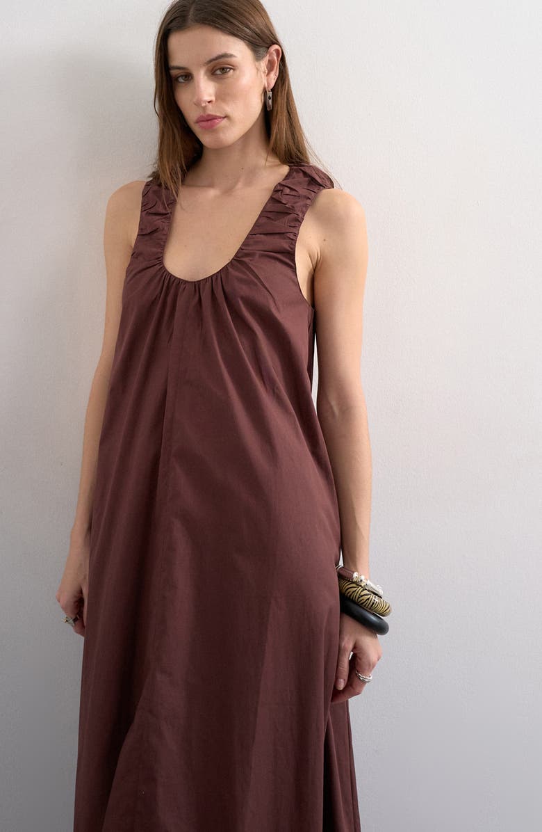 Topshop Ruched Cotton Poplin Maxi Dress, Alternate, color, Brown