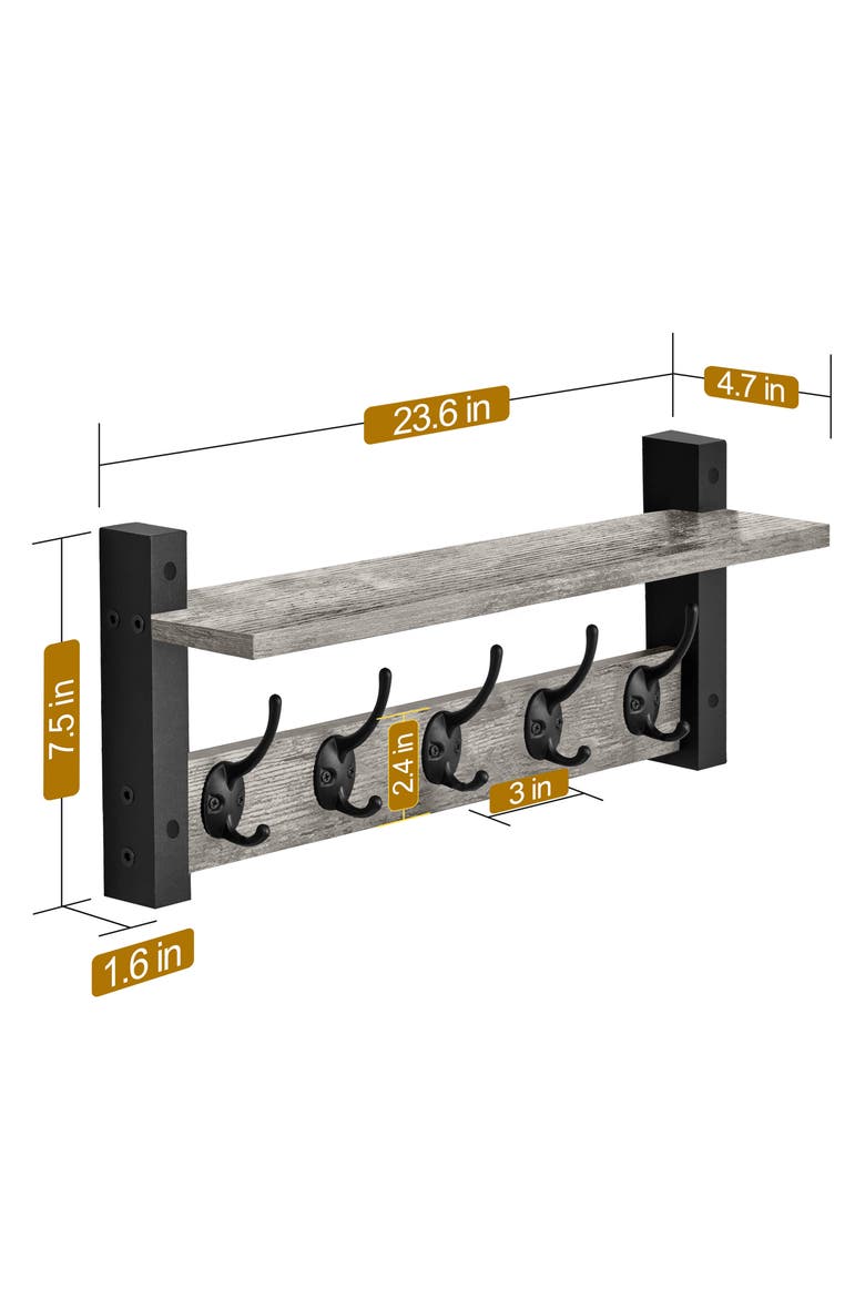 24-Inch Floating Wall Shelf with Hooks, Alternate, color, GRAY