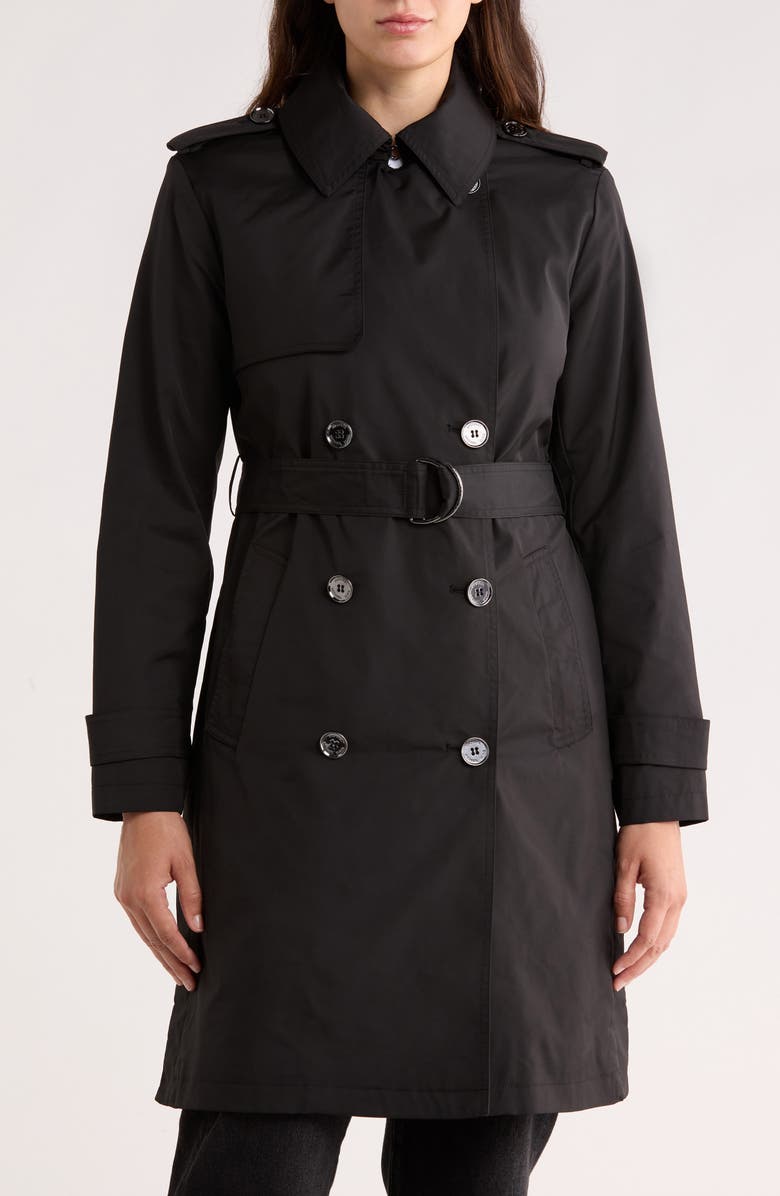 Michael Kors Belted Double Breasted Trench Coat, Main, color, Black