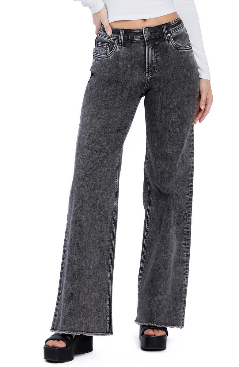 HINT OF BLU Happy Shaggy High Waist Raw Hem Wide Leg Jeans, Main, color, Stormy Grey