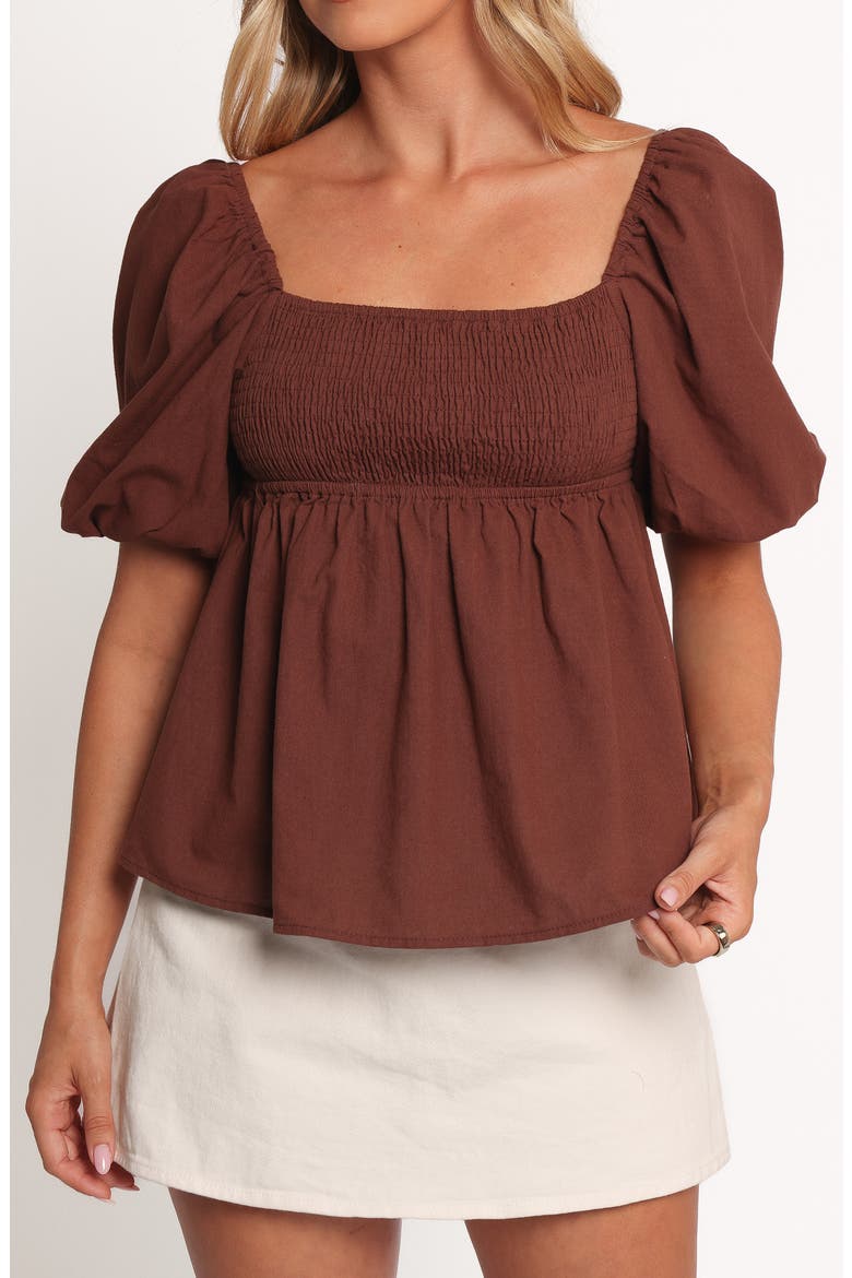 Jemima Puff Sleeve Smocked Cotton Babydoll Top, Alternate, color, CHOCOLATE