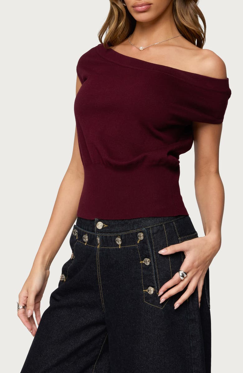 EDIKTED Michaela One-Shoulder Knit Top, Alternate, color, Wine