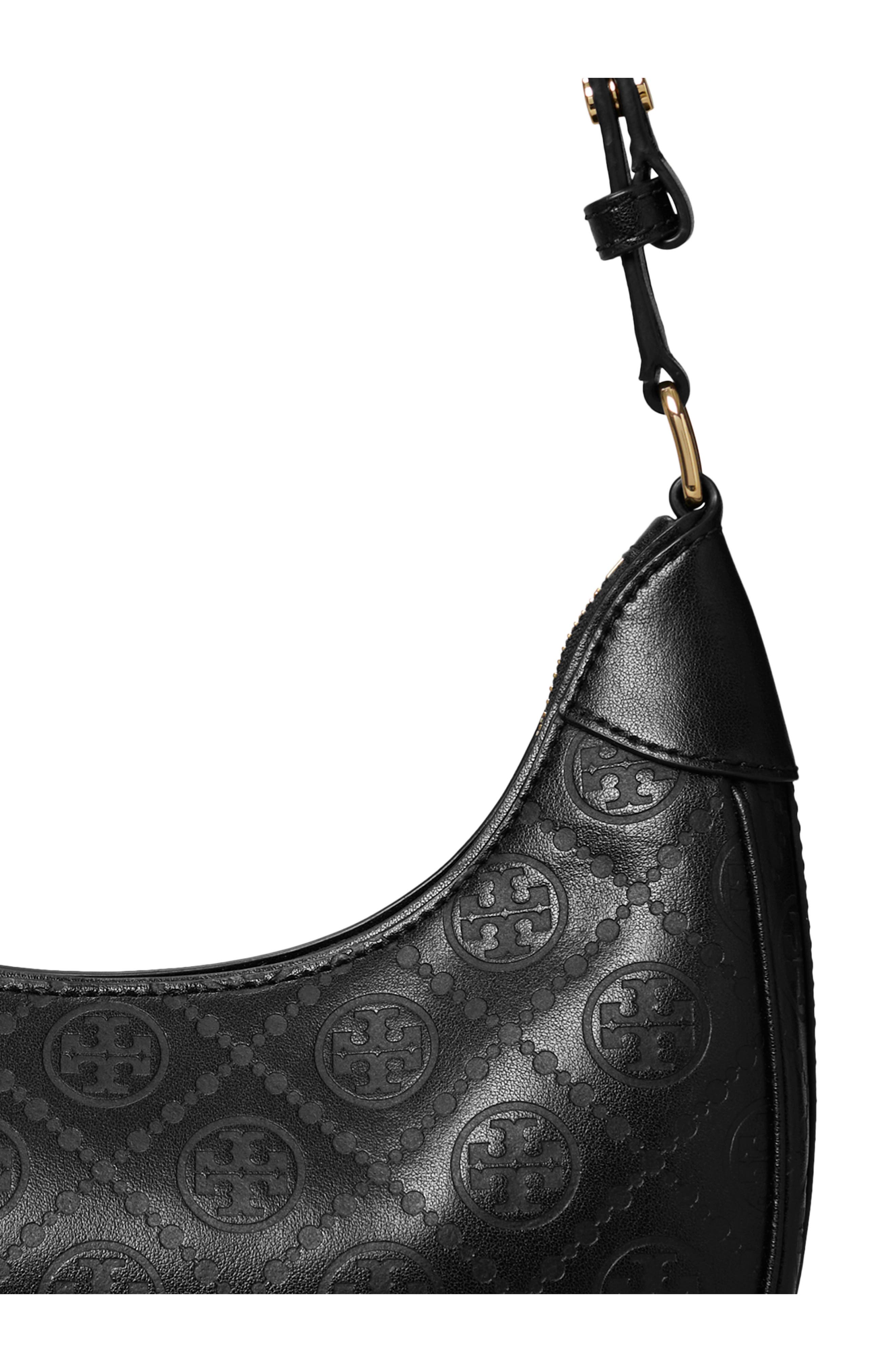 Tory Burch T-Monogram Embossed Crescent Shoulder Bag, Alternate, color, Black