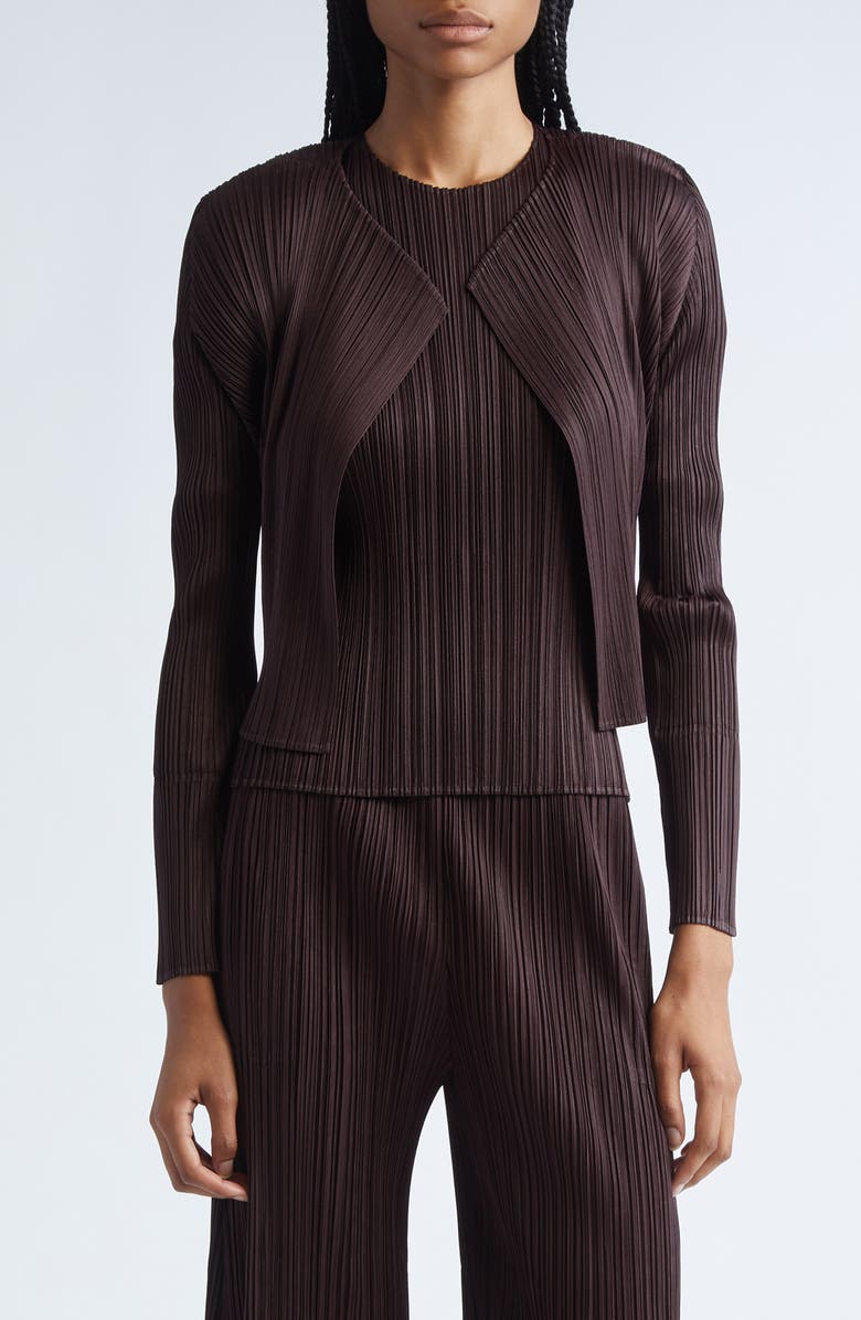 Pleats Please Issey Miyake Monthly Colors July Pleated Open Front Cardigan, Main, color, Dark Brown