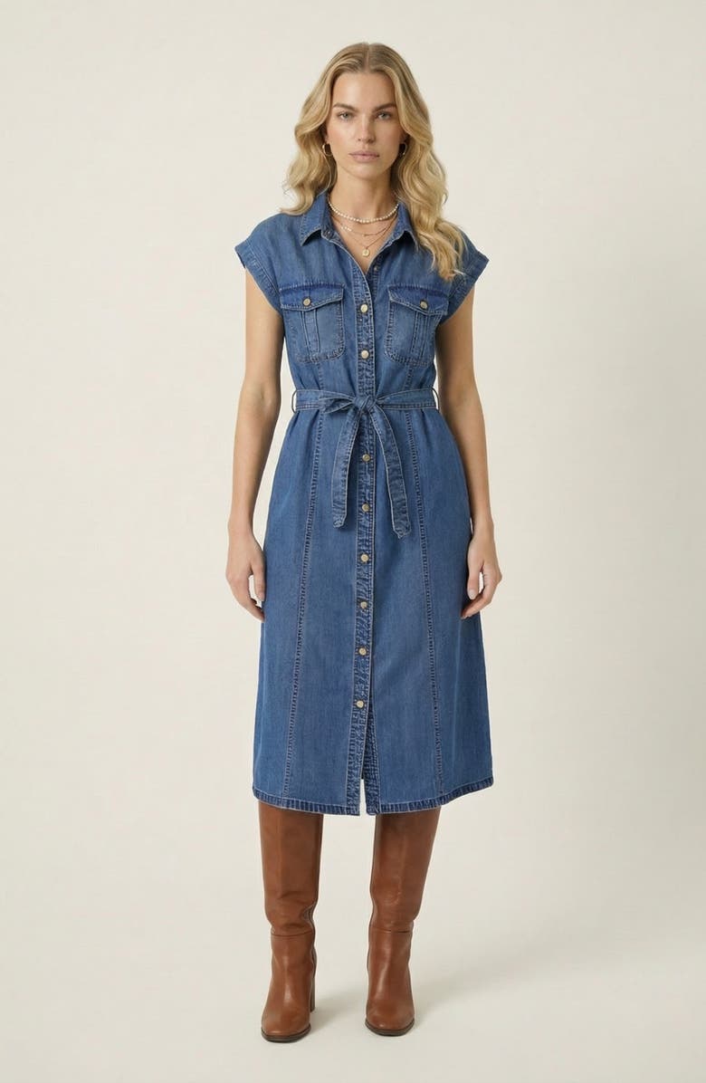 Modenaire Sleeveless Denim Tie Waist Midi Dress, Main, color, Medium Wash Blue