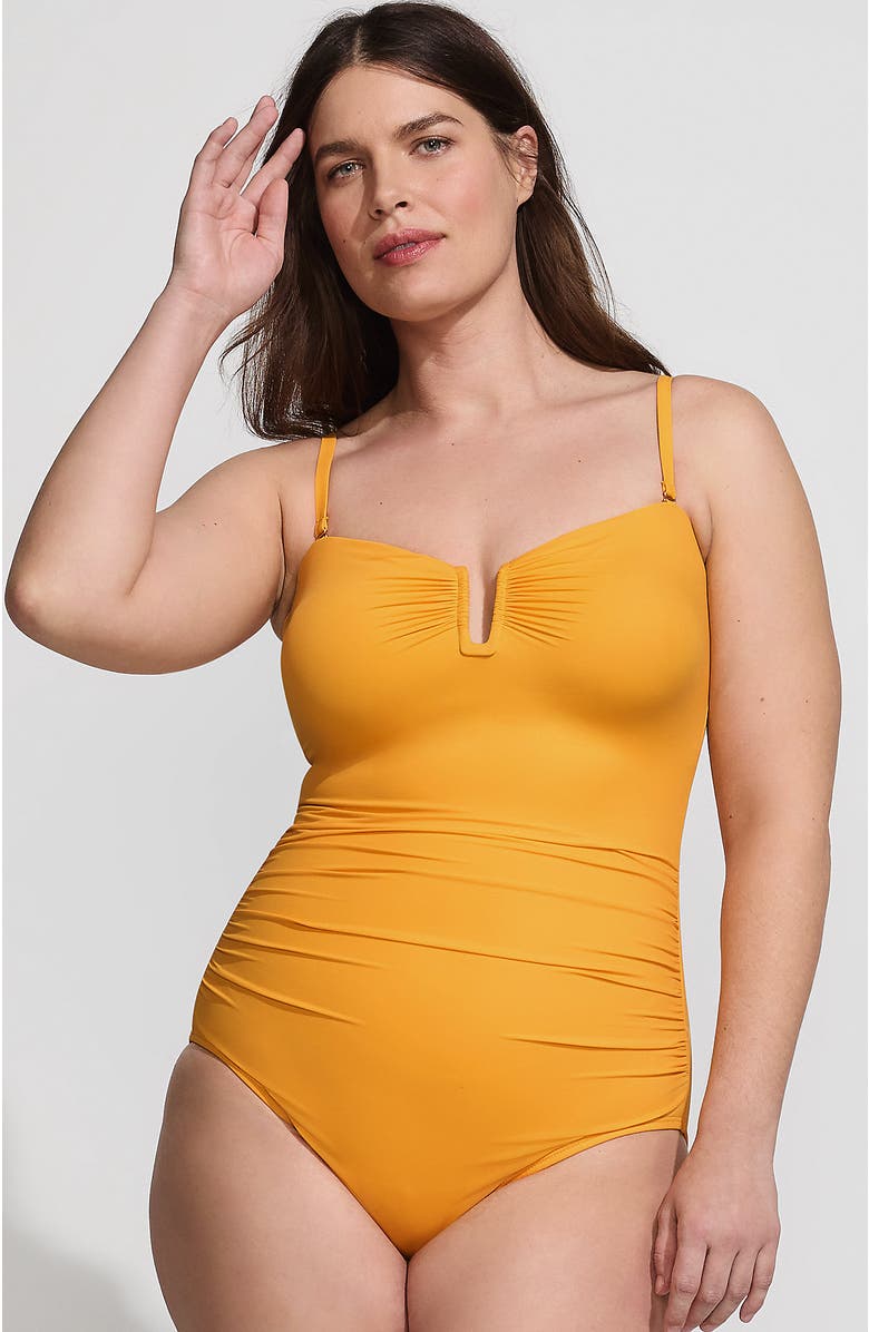 Lands' End Plus Size Slender Suit U-Wire Bandeau One Piece Swimsuit, Alternate, color, Sweet Mango