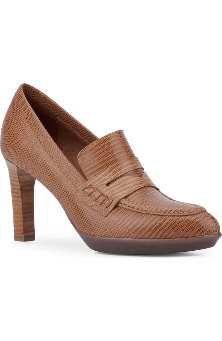Aquatalia Rella Weatherproof Mini Lizard Embossed Penny Loafer Pump, Main, color, Whiskey