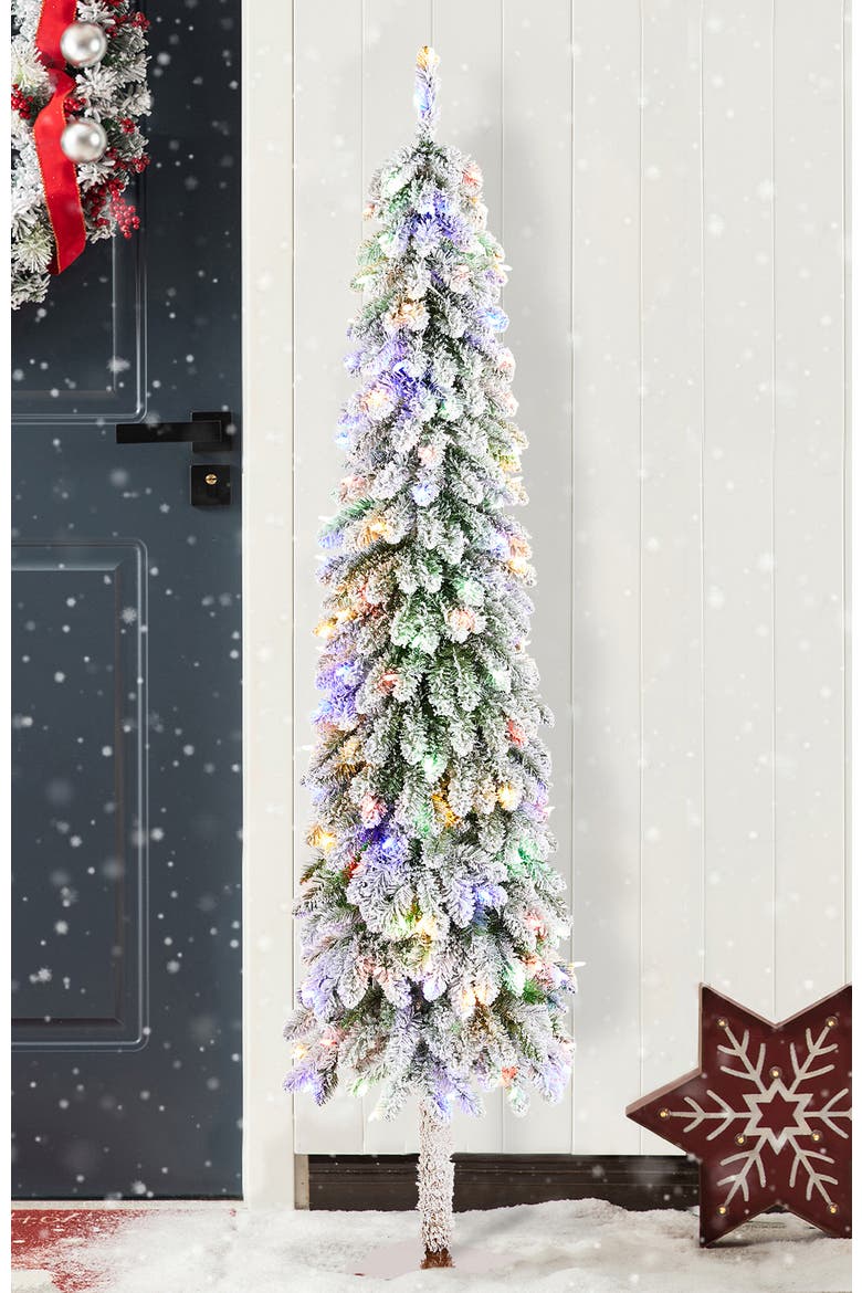 Pre-Lit Flocked Artificial Christmas Tree with Warm White/Multi-color Lights, Alternate, color, Green