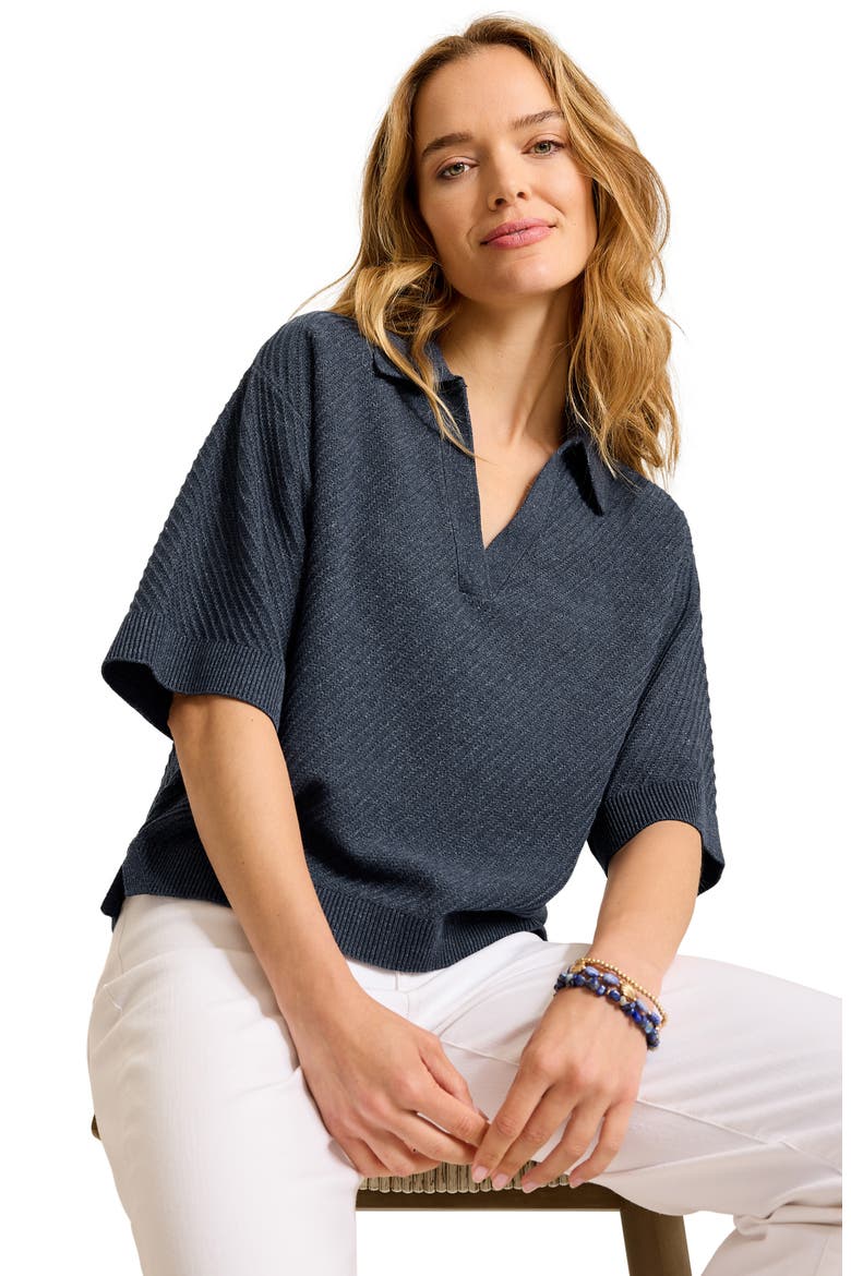 Cotton Polo Sweater, Alternate, color, COASTLINE HEATHER