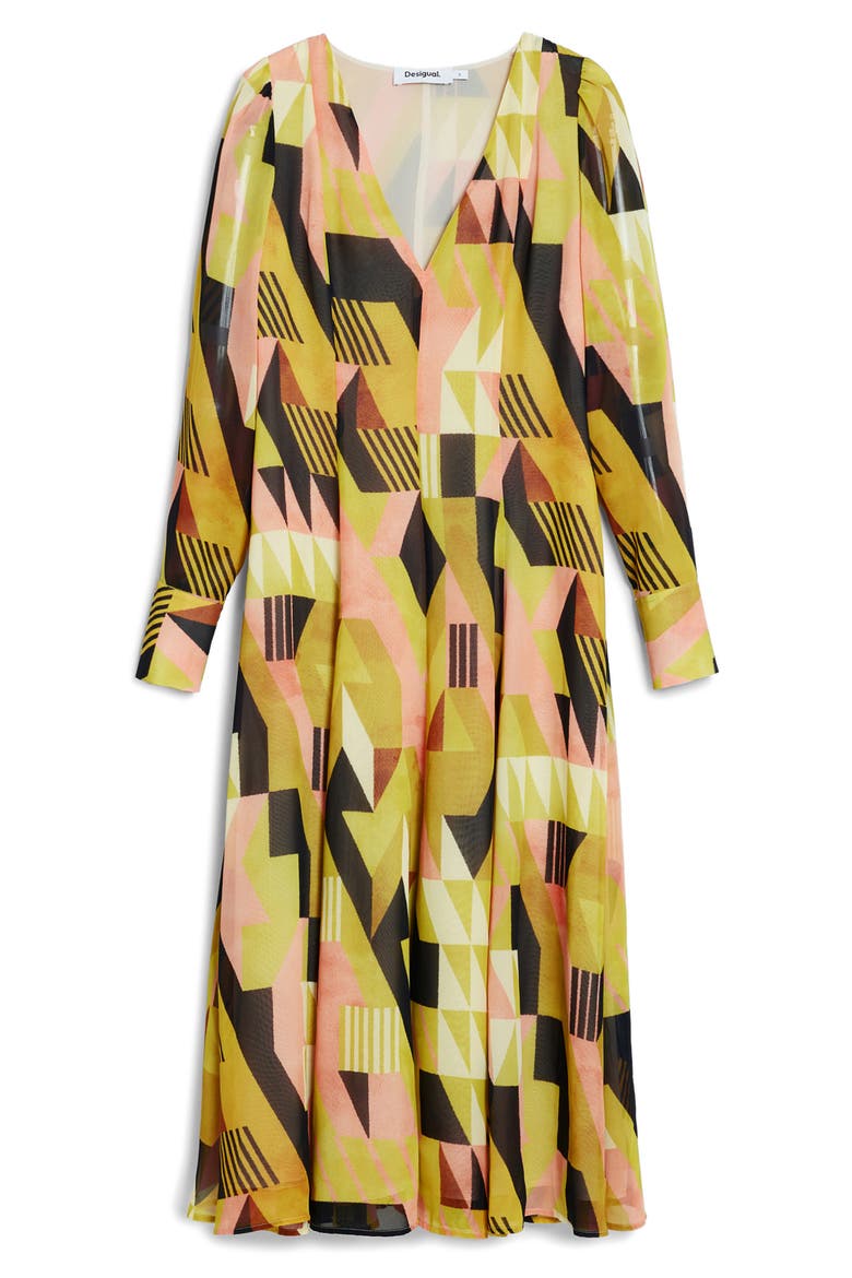 Geometric Long Sleeve Midi Dress, Alternate, color, WARM GREEN