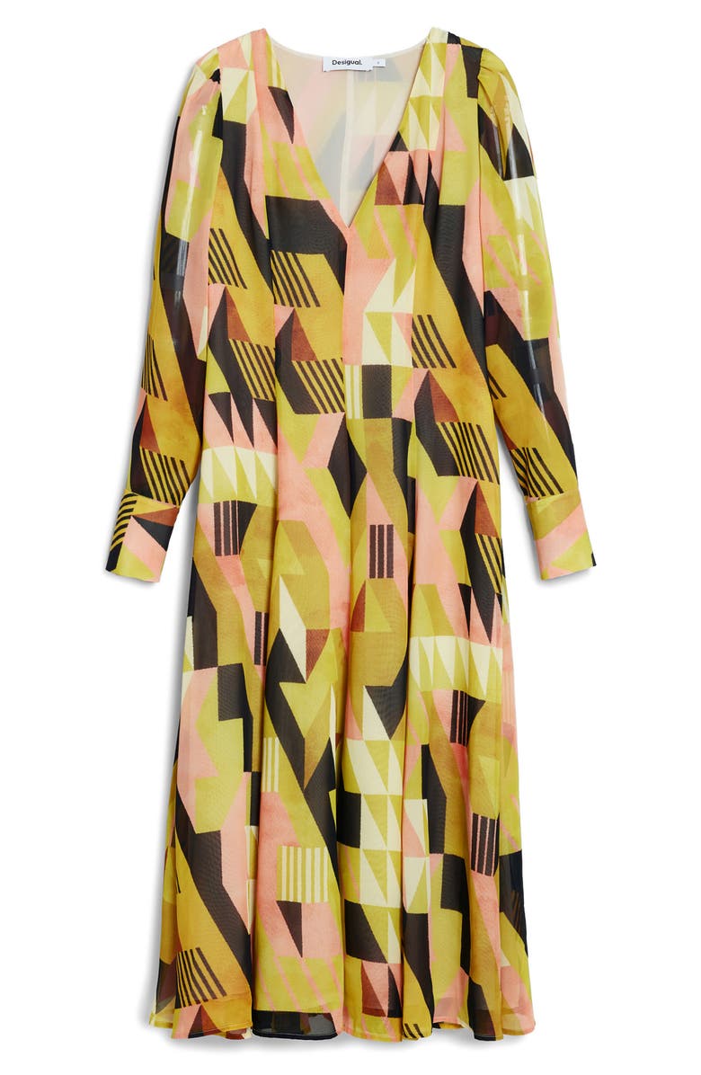 Desigual Geometric Long Sleeve Midi Dress, Alternate, color, Warm Green