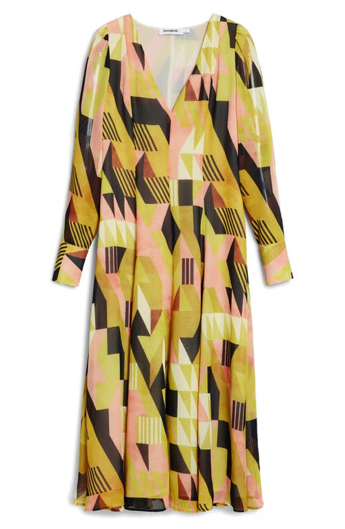 Desigual Geometric Long Sleeve Midi Dress In Yellow