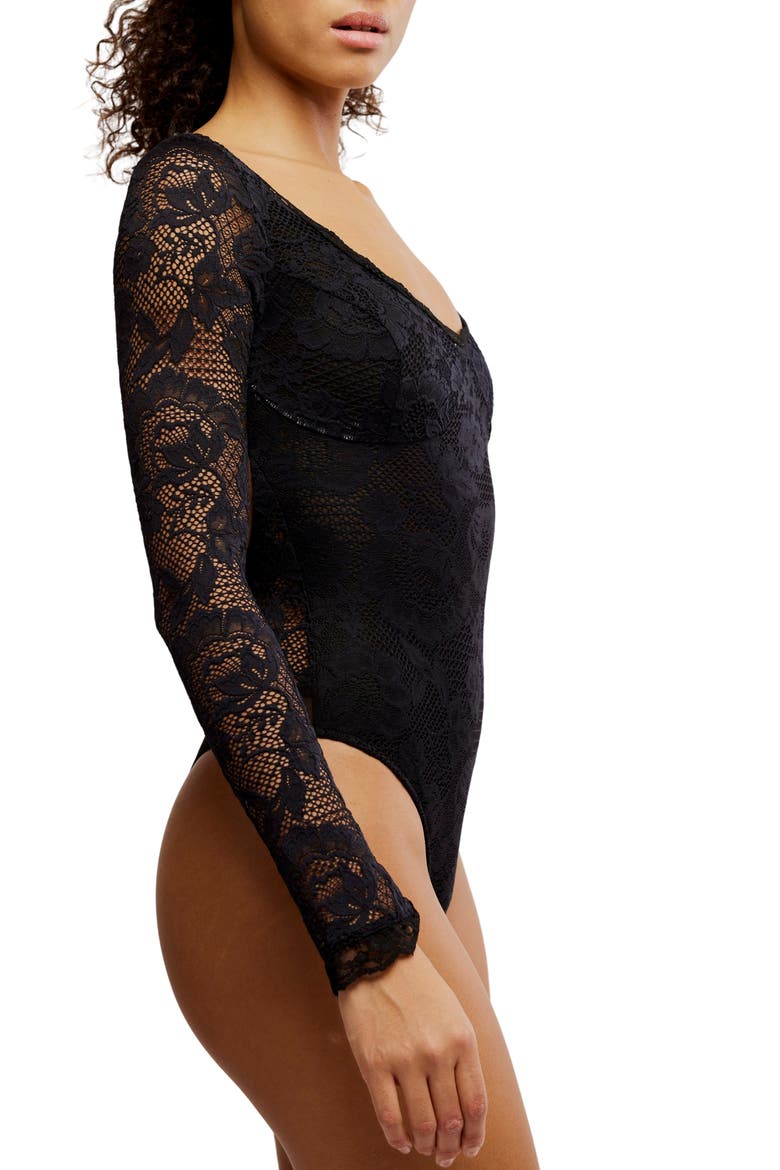 Perfectly Fine Long Sleeve Lace Bodysuit, Alternate, color, BLACK