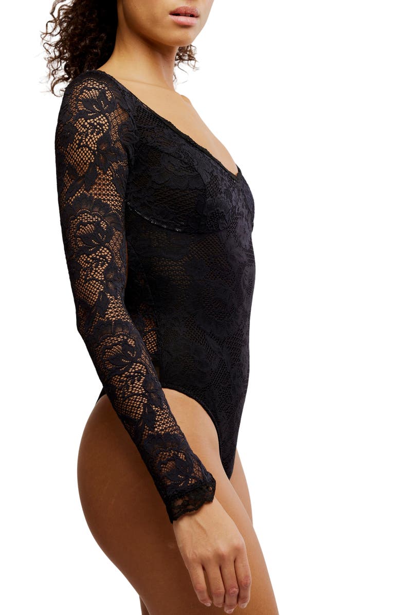 Free People Perfectly Fine Long Sleeve Lace Bodysuit, Alternate, color, Black