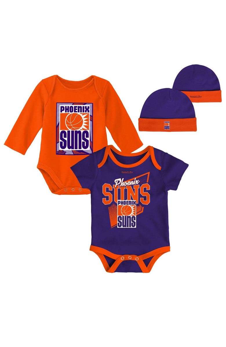 Mitchell & Ness Infant Mitchell & Ness Blue/Orange Phoenix Suns Hardwood Classics Bodysuits & Cuffed Knit Hat Set, Main, color, Purple