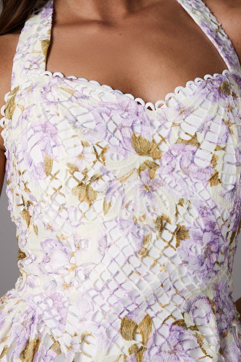 Printed Lace Halter Neck Midi Dress, Alternate, color, White