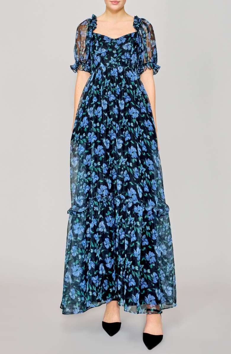 MELLODAY Floral Chiffon Gown, Main, color, Black Blue Multi