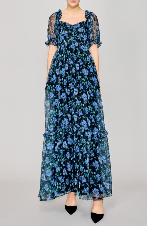 Melloday Floral Chiffon Gown In Black Blue Multi