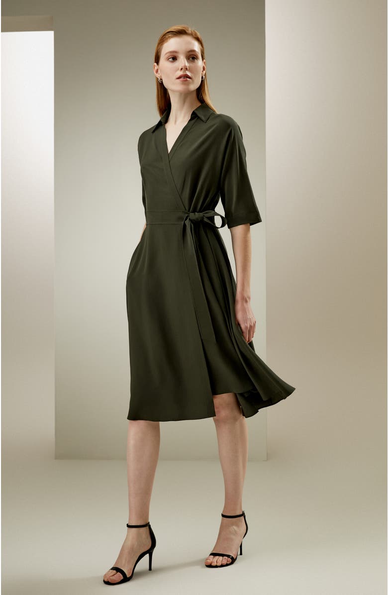 Lilysilk Front Tie Wrap Silk Dress, Alternate, color, Olive Green
