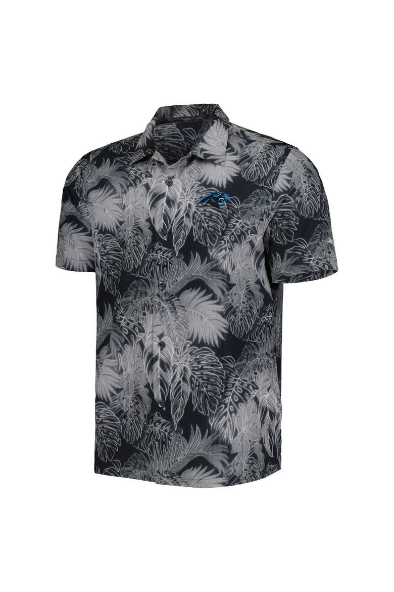 Men's Tommy Bahama Black Carolina Panthers Coast Luminescent Fronds Camp IslandZone Button-Up Shirt, Alternate, color, Black