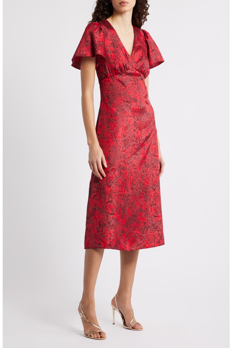 Floral Jacquard Draped Midi Dress, Main, color, RED HOLLIE FLORAL