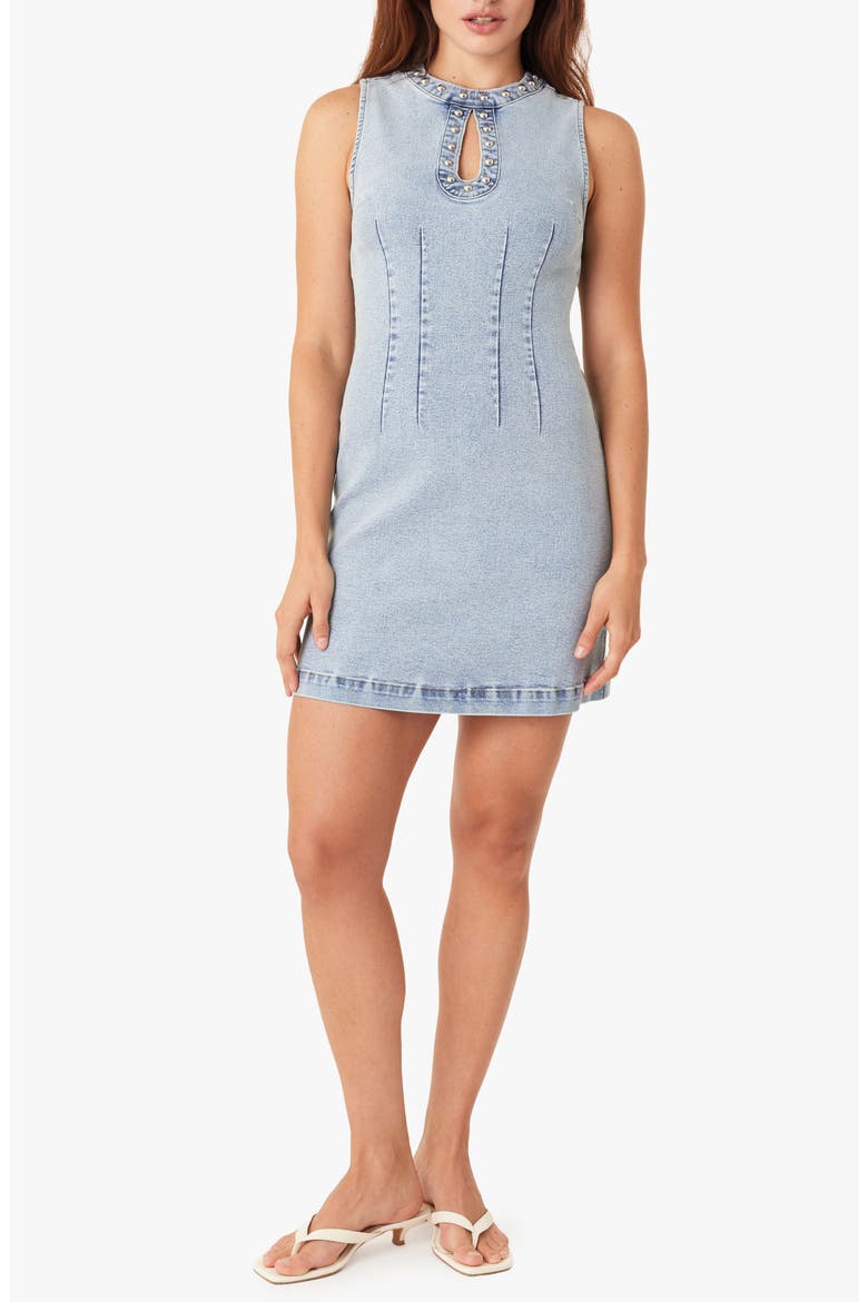 Studded Seamed Denim Minidress, Main, color, AIRE