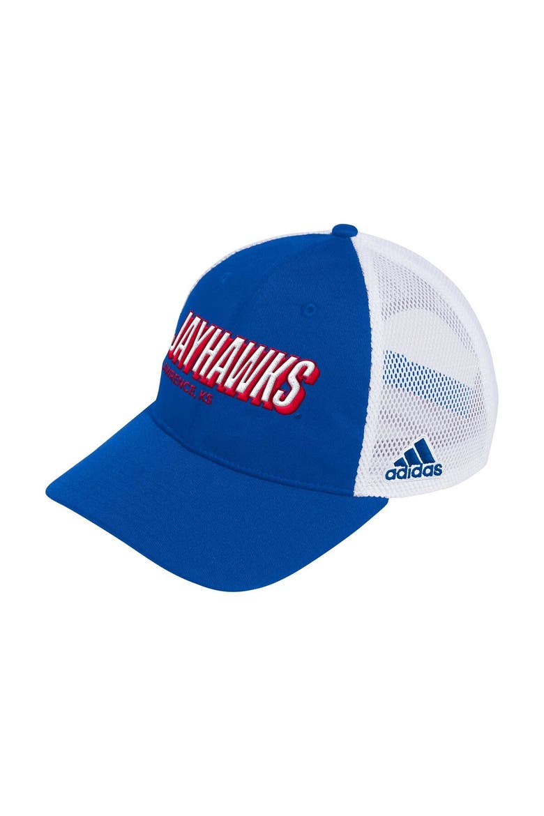 Men's adidas Royal Kansas Jayhawks Mascot Block Letter Slouch Trucker Adjustable Hat, Main, color, Royal