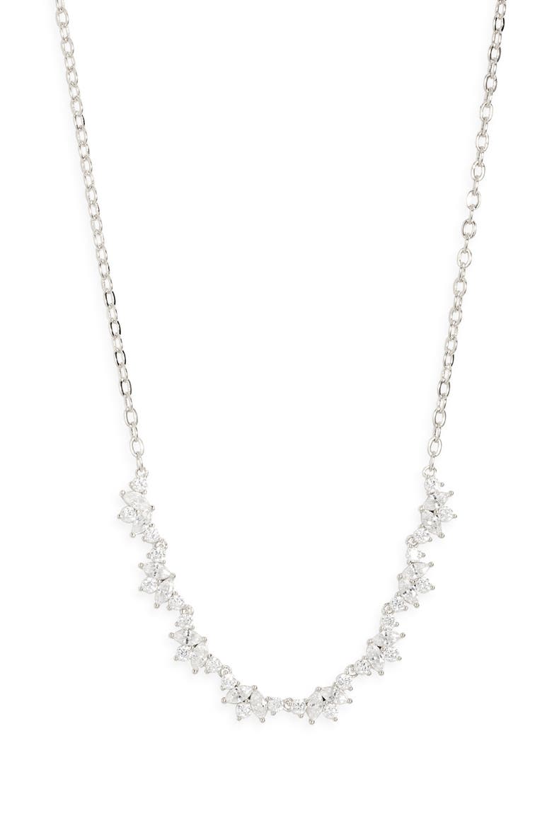Cubic Zirconia Curved Cluster Pendant Necklace, Main, color, CLEAR- SILVER