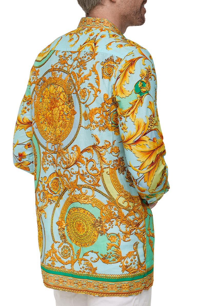 RANEES Extra Trim Fit Print Linen & Cotton Button-Up Resort Shirt, Alternate, color, Yellow Multi