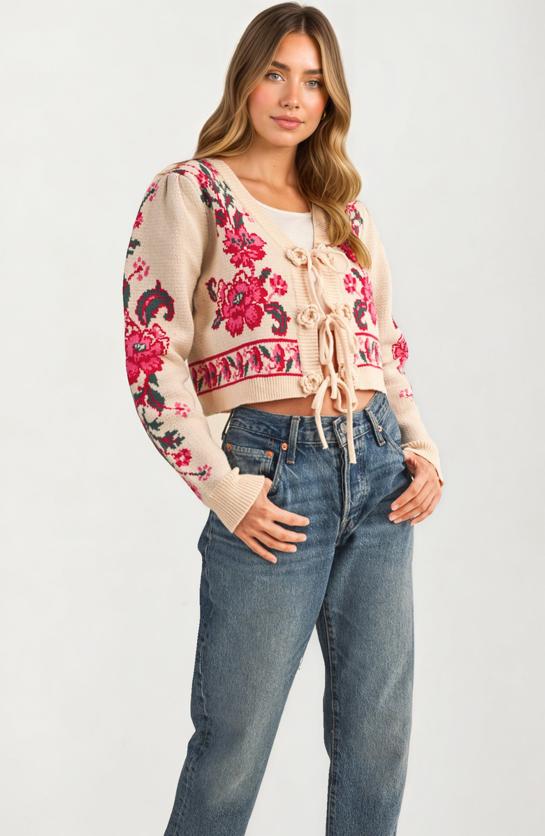Knit and Lounge Floral Tie-Front Cropped Cardigan, Alternate, color, Beige / Pink Floral