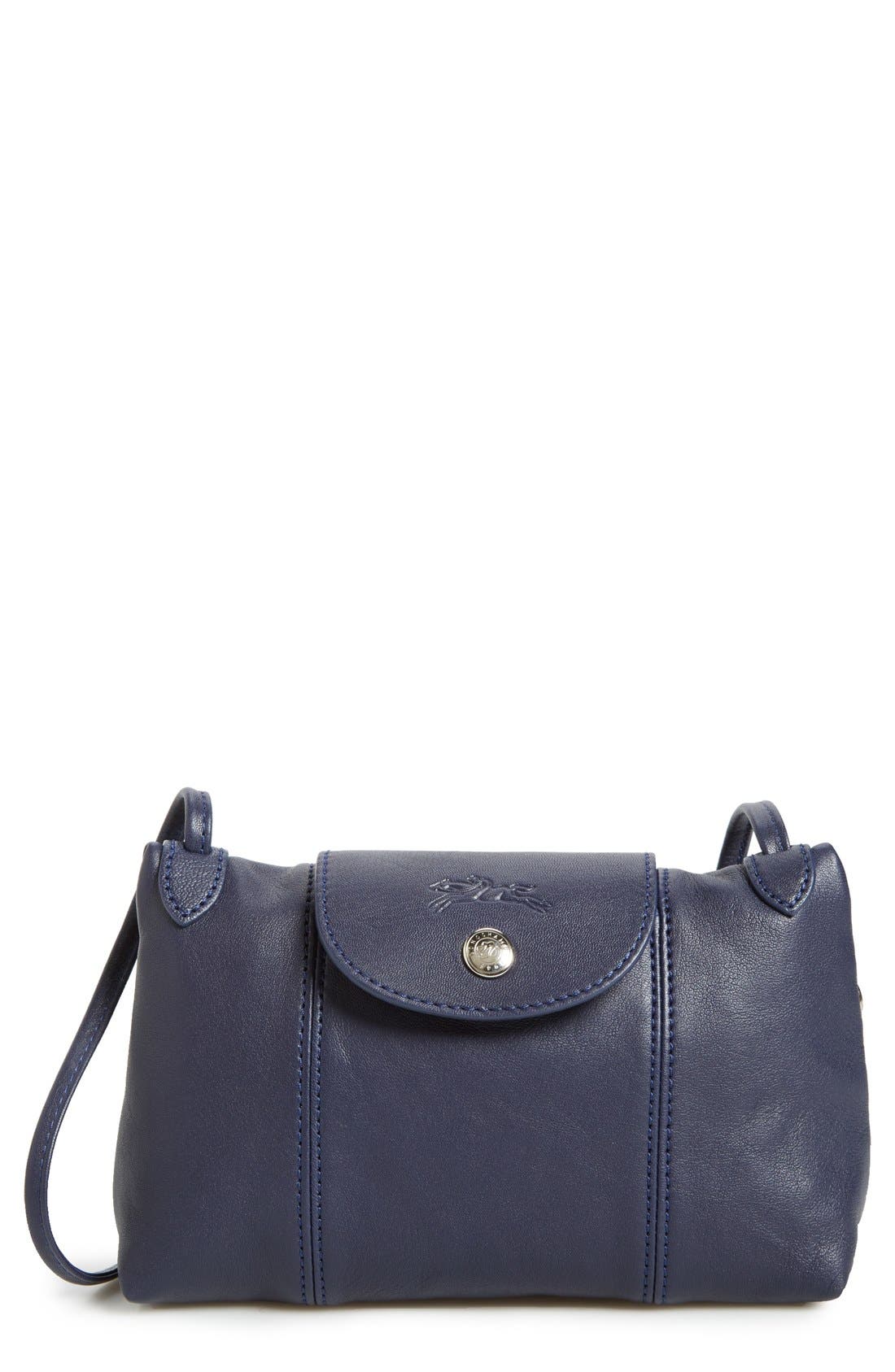 Le Pliage - Cuir Crossbody Bag, Main, color, NAVY