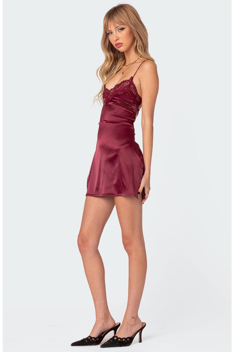 Whitney Lace Trim Satin Minidress, Alternate, color, BURGUNDY